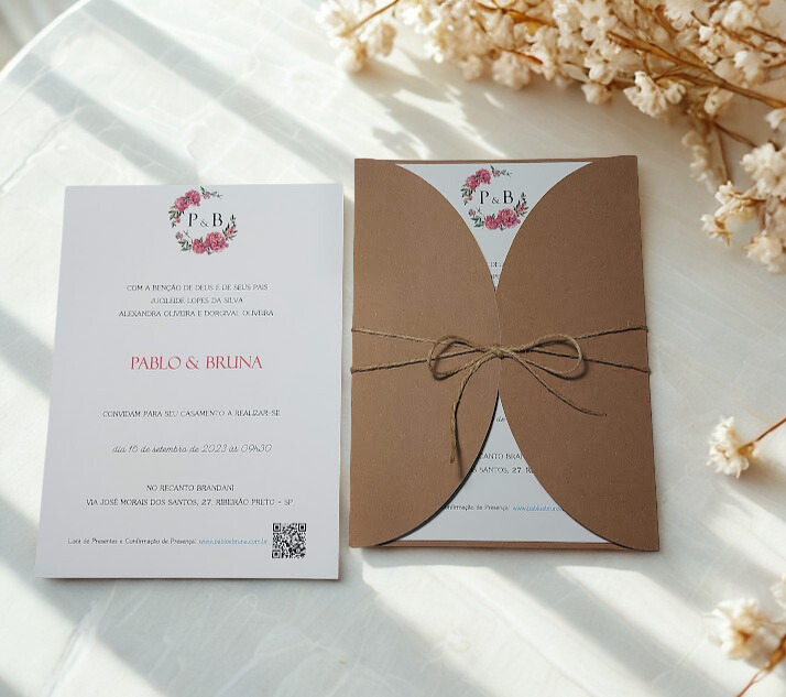 Convite de casamento kraft com elementos botânicos · MD Conviteria